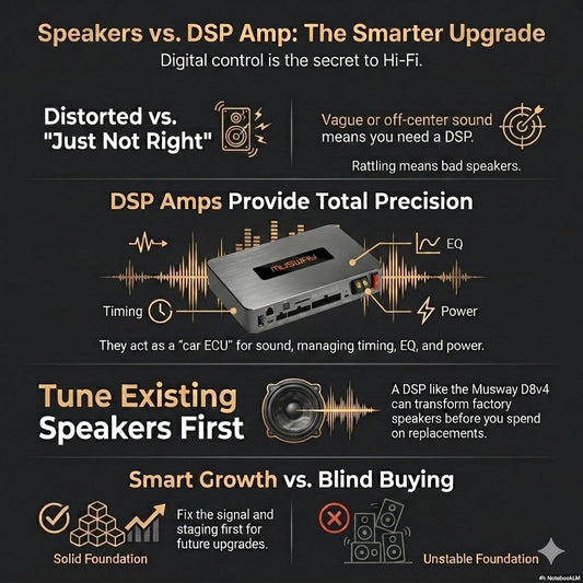 Speakers vs DSP amp infographic explaining why digital control can improve car audio before replacing speakers