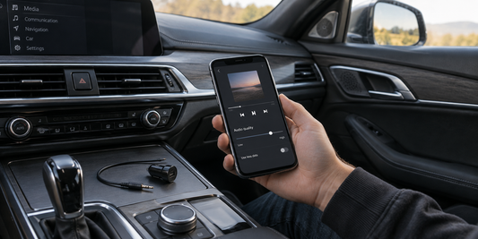 Phone audio-quality settings beside an unplugged AUX cable and 12V charger in a car
