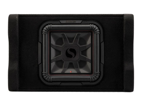 Kicker 53PL7TDF12 powered down-firing subwoofer enclosure view 1