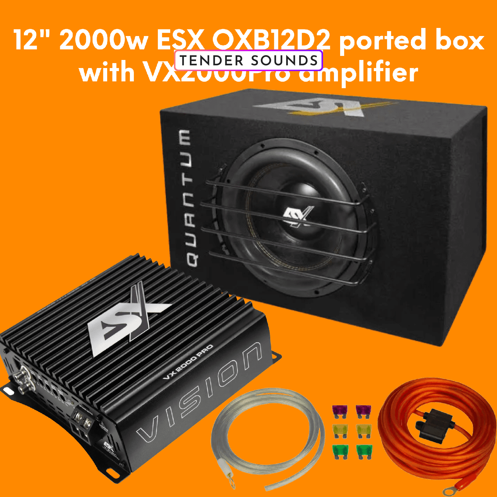 12" 2000w subwoofer in box ESX QXB12D2 ported box with VX2000Pro amplifier