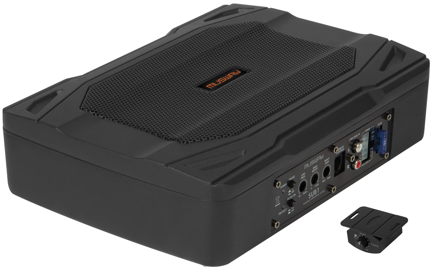 Musway SUB1 active underseat subwoofer - left angle